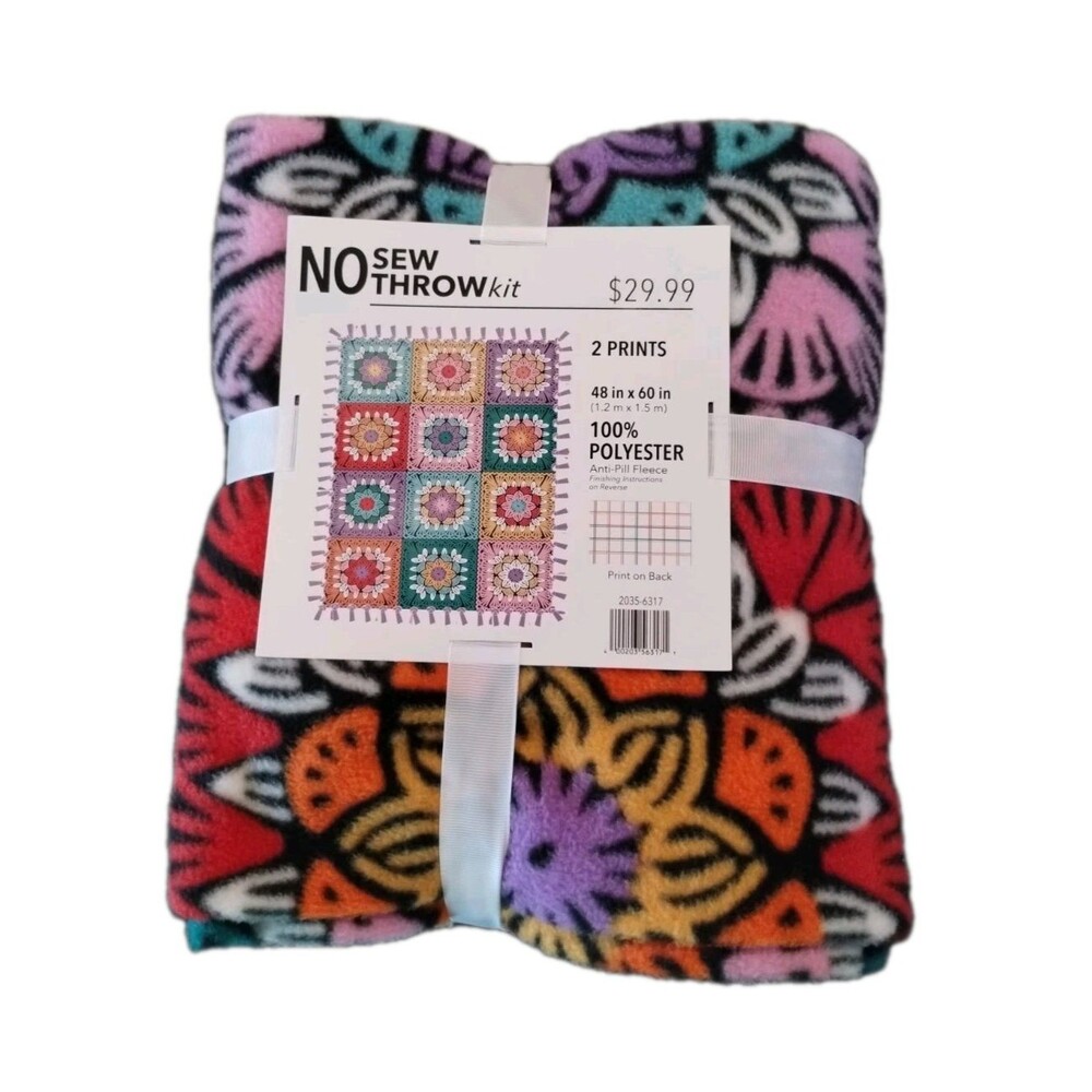 No Sew Fleece Throw Kit, Granny Square/Plaid Print, 48" x 60", Anti-Pill, NEW!